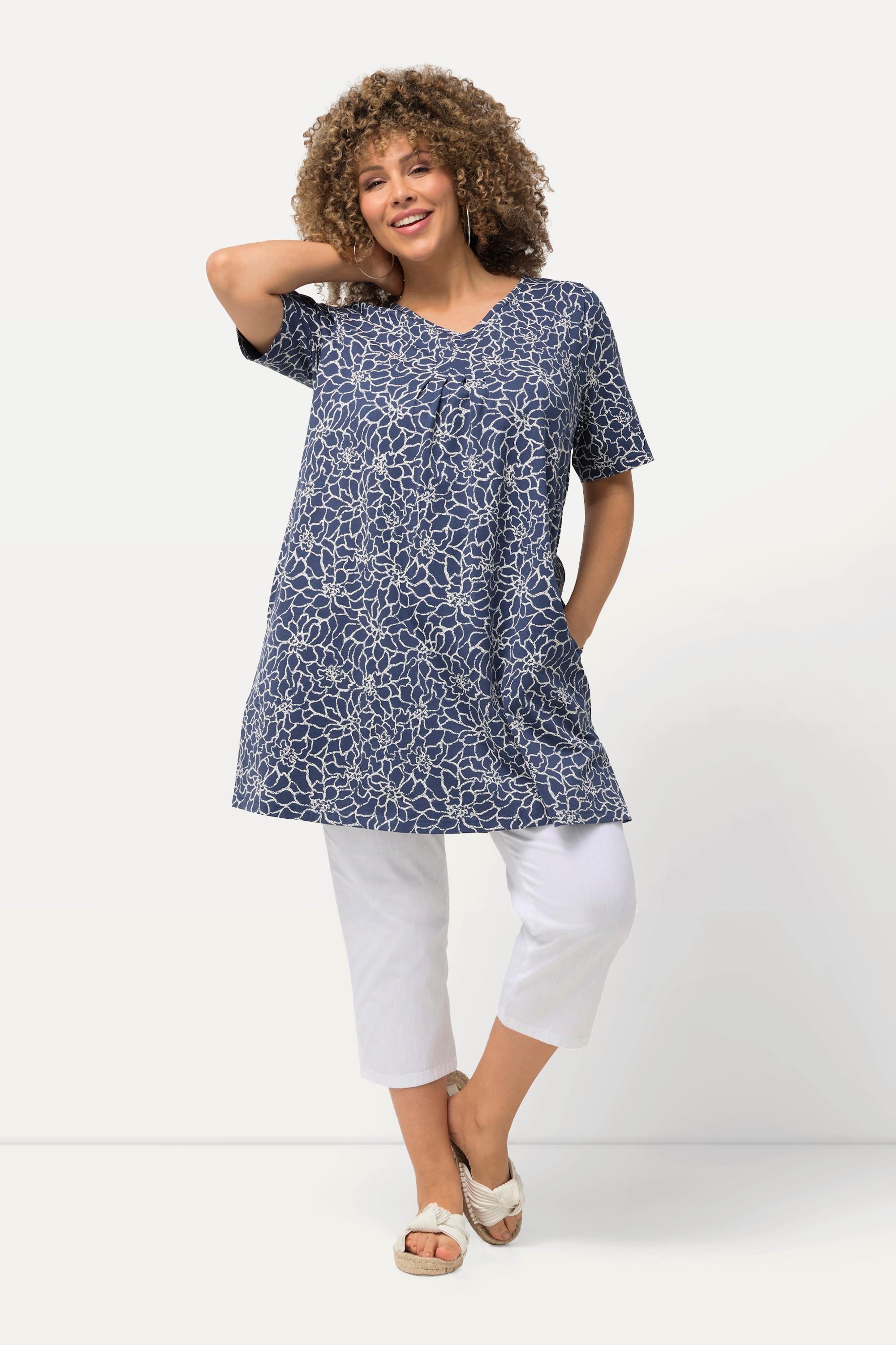 Ulla Popken  Longshirt, Zierfalten, A-Linie, V-Ausschnitt, Halbarm 