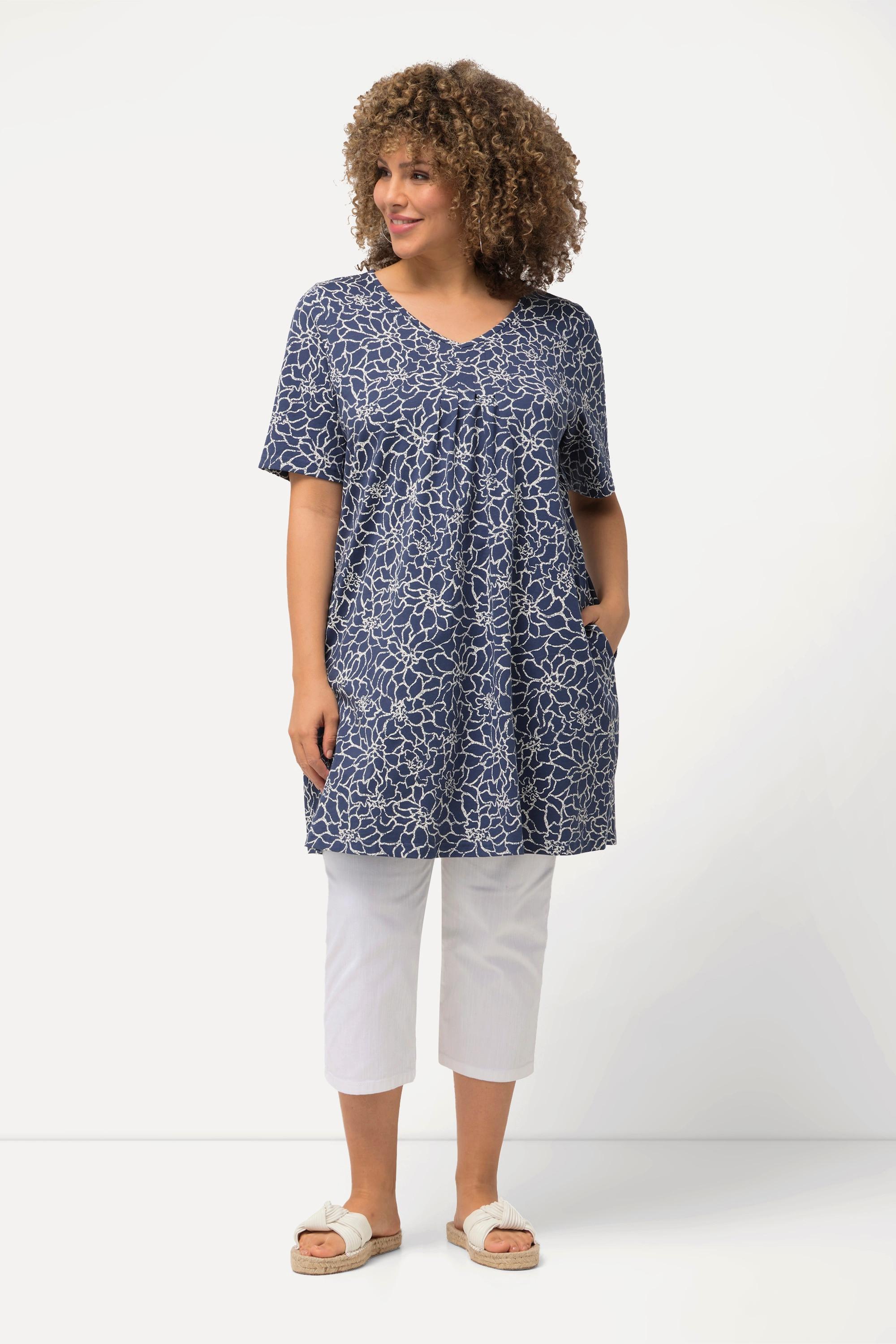 Ulla Popken  Longshirt, Zierfalten, A-Linie, V-Ausschnitt, Halbarm 