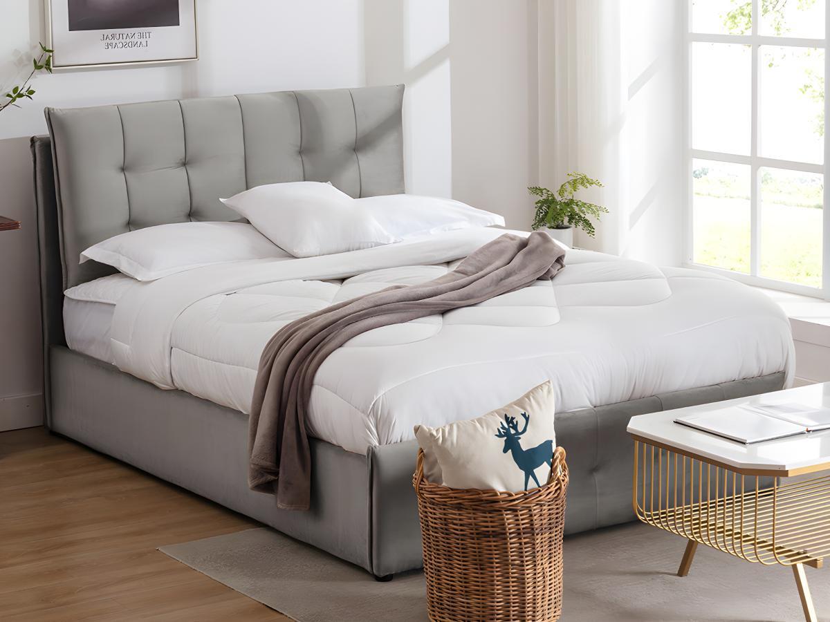 Vente-unique Letto con contenitore 140 x 200 cm Velluto Grigio + Materasso - OLERIA  