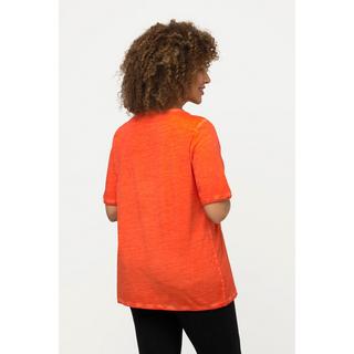 Ulla Popken  T-shirt con stampa floccata con palme, scollo a girocollo e mezze maniche 