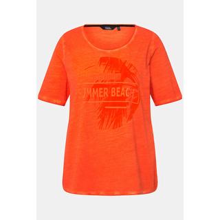 Ulla Popken  T-shirt con stampa floccata con palme, scollo a girocollo e mezze maniche 