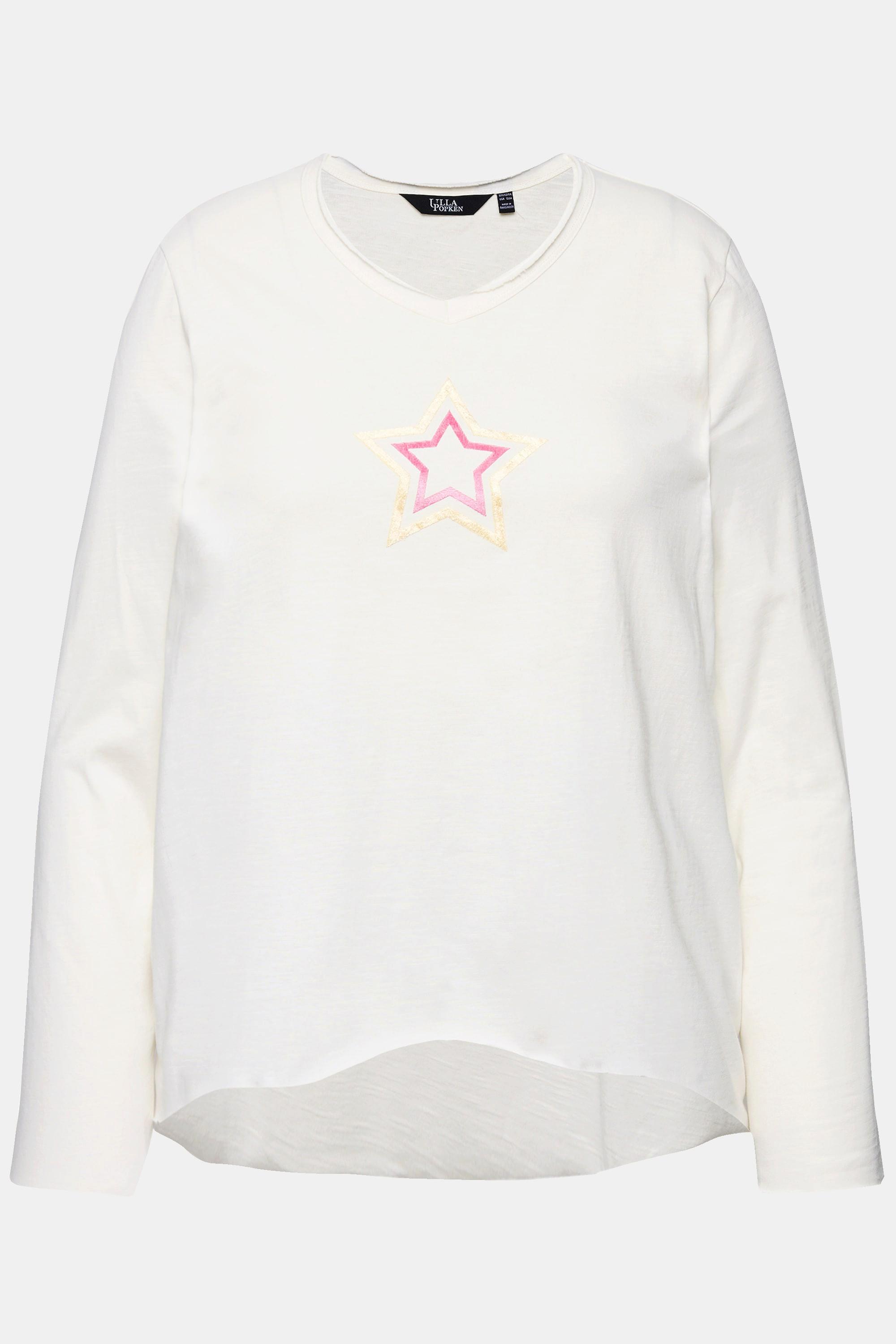 Ulla Popken  T-shirt avec étoiles et bords roulottés, décolleté en V et manches longues, coupe évasée 