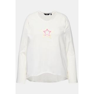 Ulla Popken  Maglia dal taglio svasato con stella, orli decorativi, scollo a V e maniche lunghe 