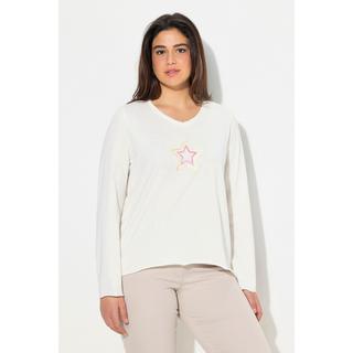 Ulla Popken  Maglia dal taglio svasato con stella, orli decorativi, scollo a V e maniche lunghe 