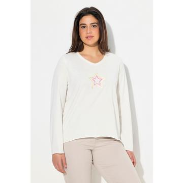 Maglia dal taglio svasato con stella, orli decorativi, scollo a V e maniche lunghe