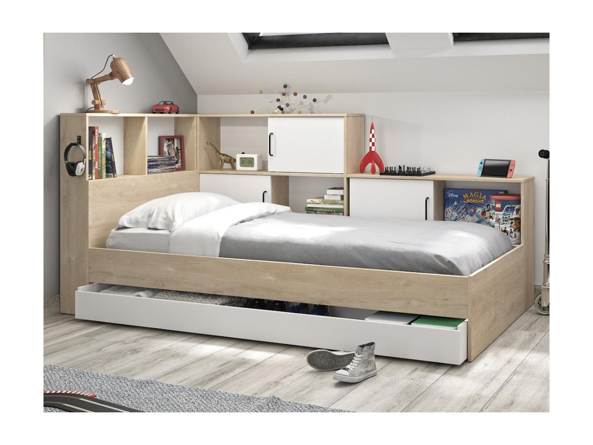 Vente-unique Bett mit Stauraum & Schublade + Lattenrost - 90 x 200 cm - Naturfarben & Weiß - ARMAND  