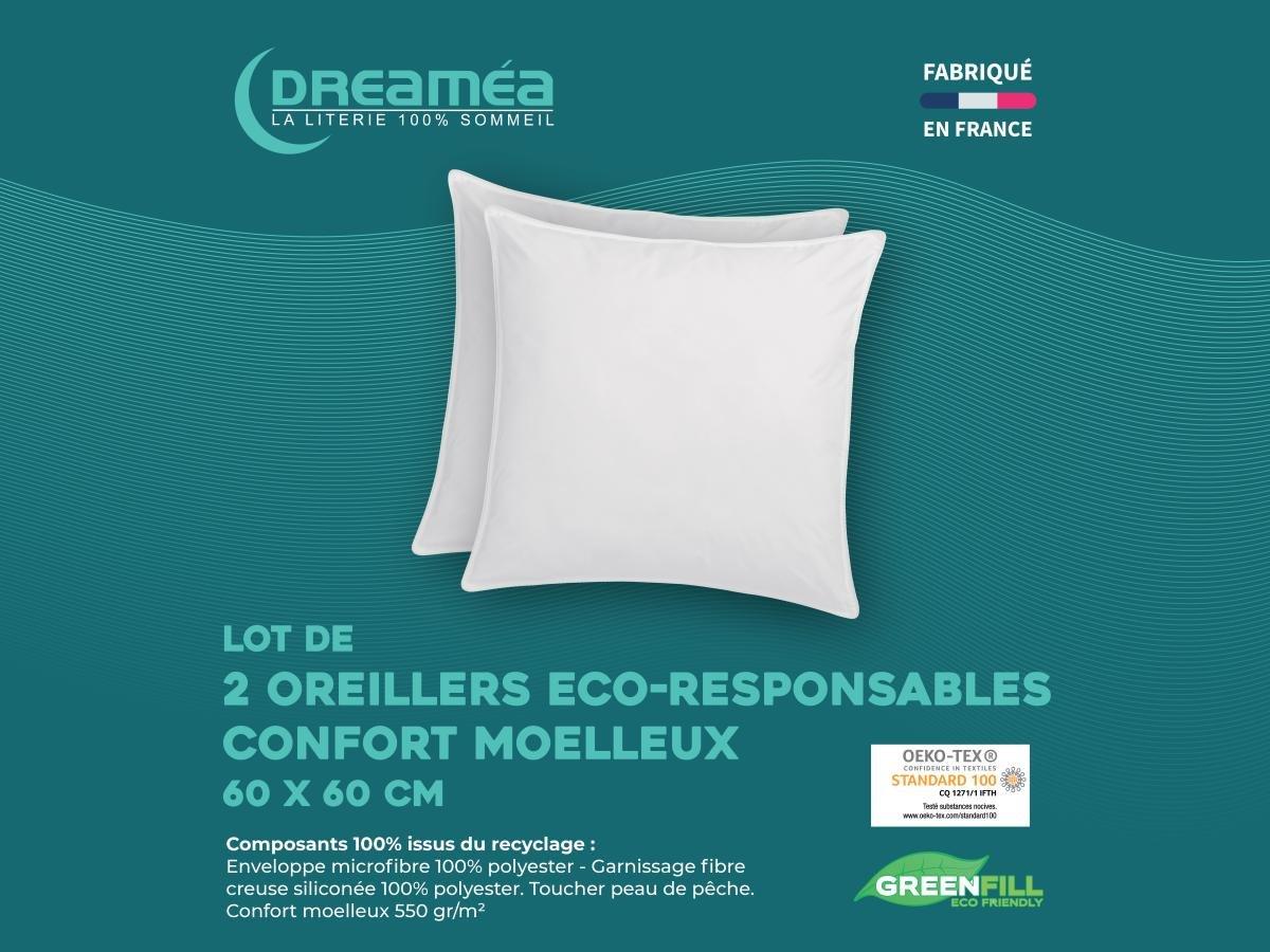 Vente-unique Lot de 2 oreillers recyclés 60 x 60 cm de DREAMEA - Enveloppe 100% microfibre - ROSA  