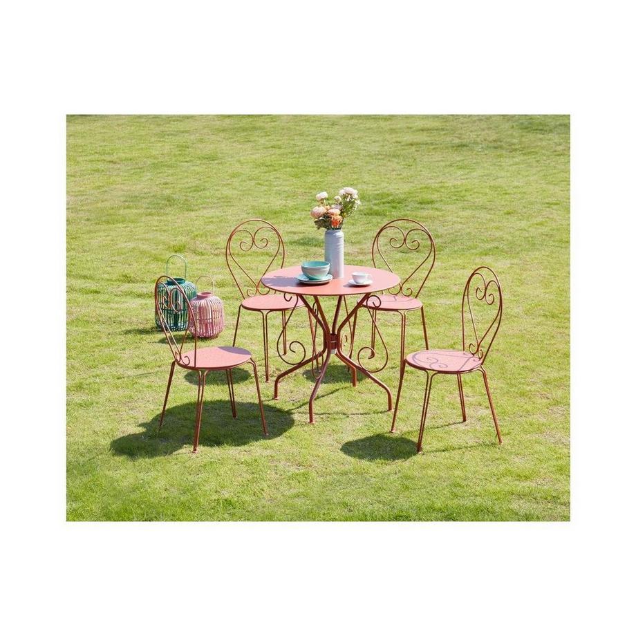 Salle à manger de jardin en métal façon fer forgé : une table et 4 chaises empilables - Terracotta - GUERMANTES de MYLIA