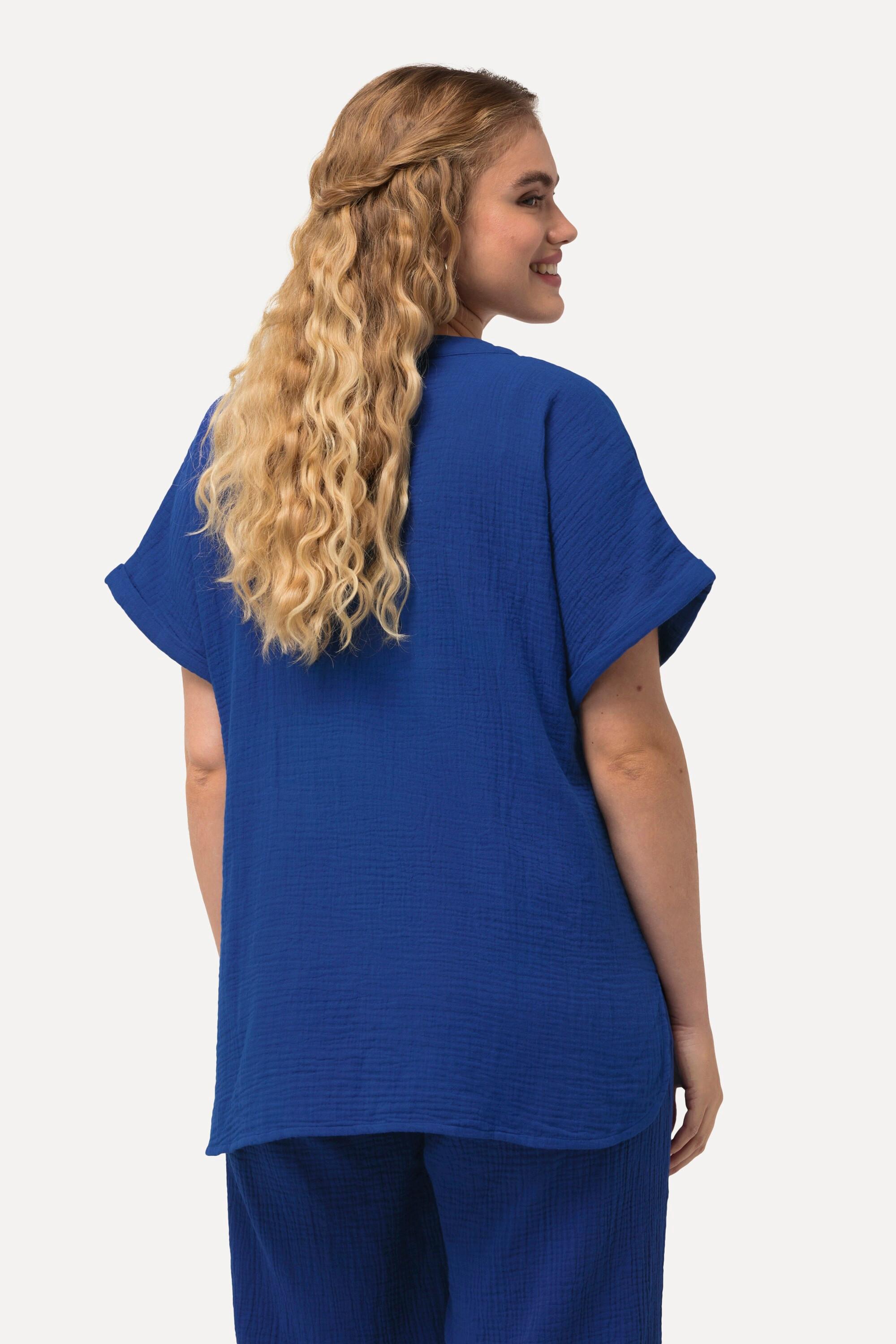 Ulla Popken  Blusa dal taglio oversize in mussola con scollo a tunica e mezze maniche 