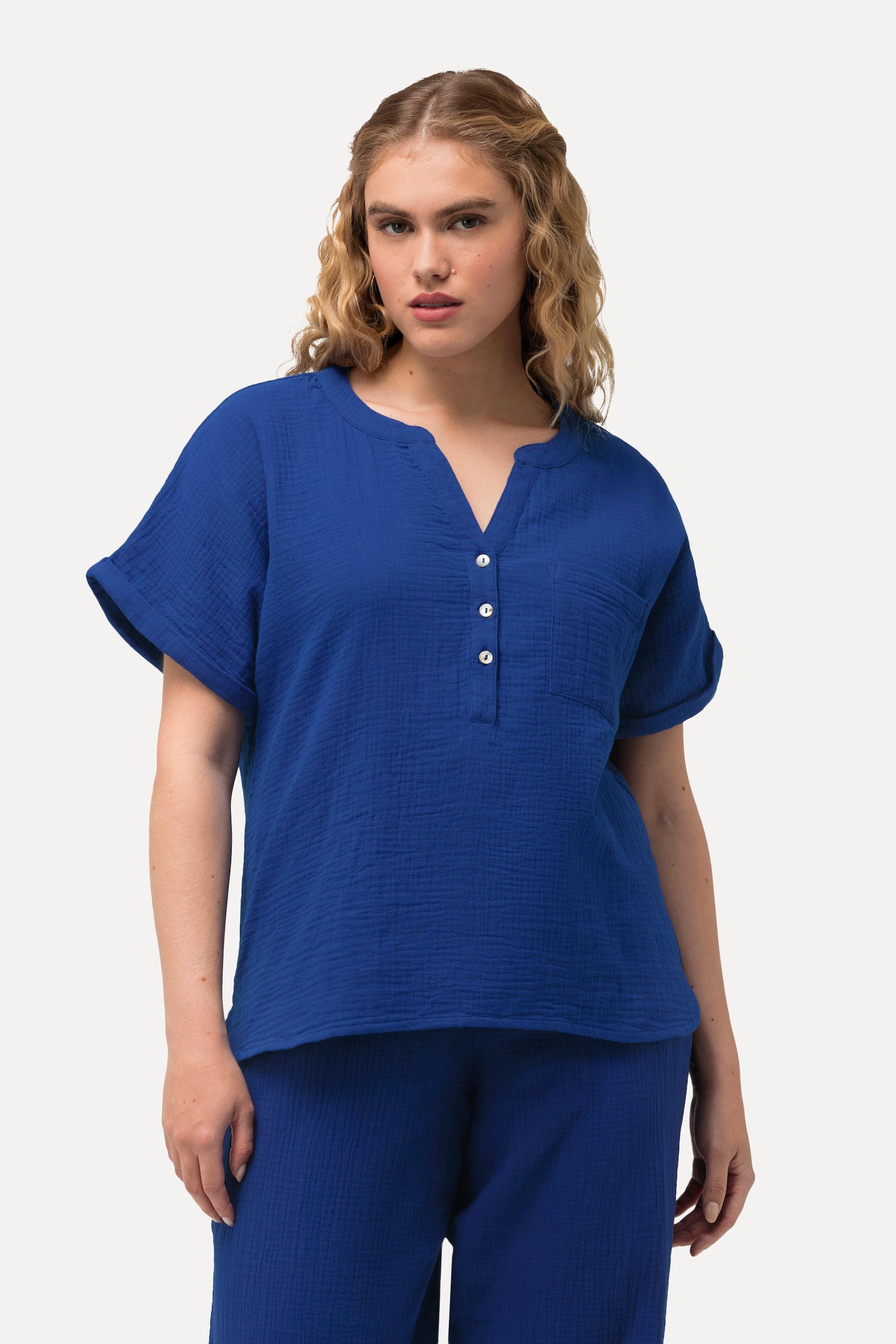 Ulla Popken  Blusa dal taglio oversize in mussola con scollo a tunica e mezze maniche 