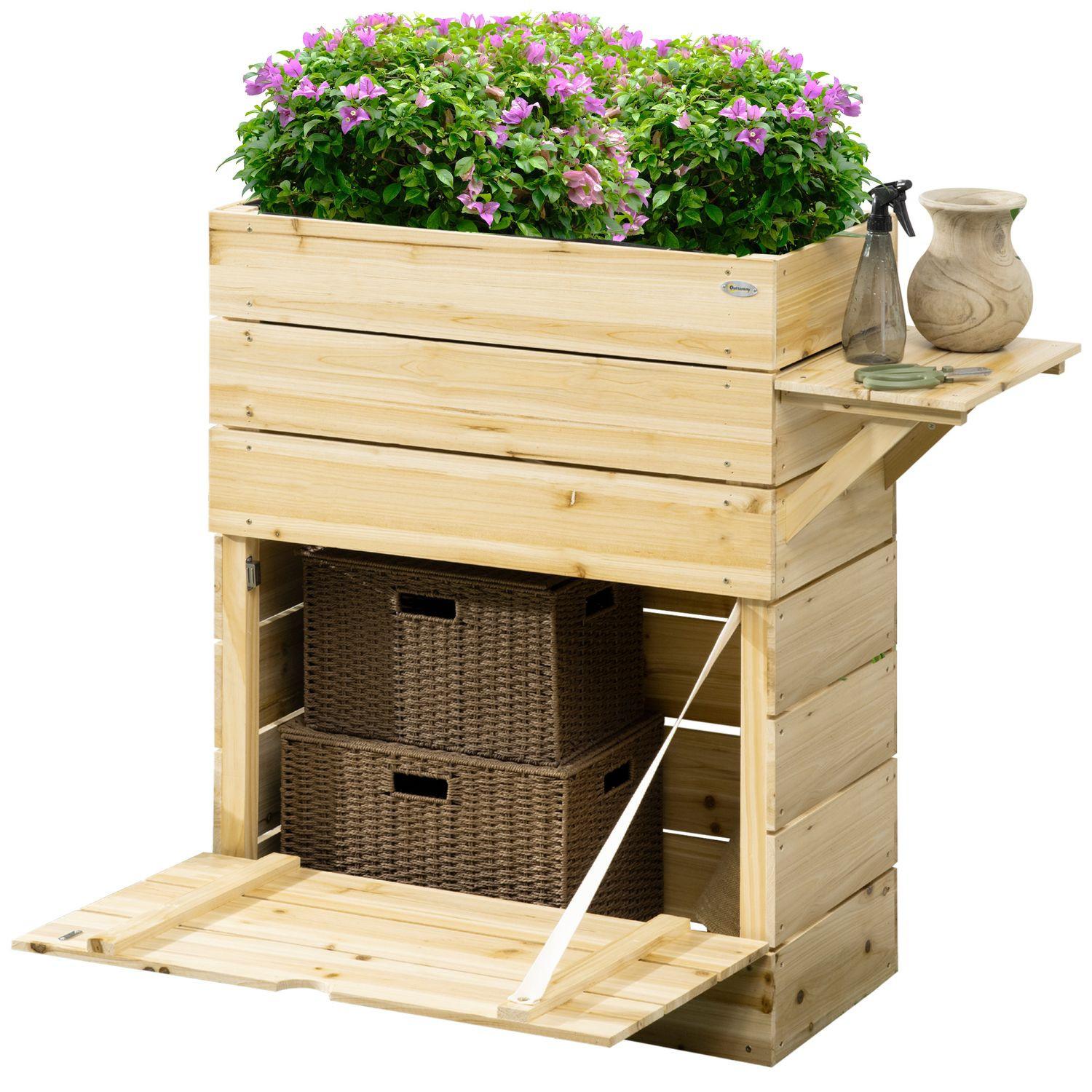 Northio Fioriera aiuola rialzata con tavolo, armadio per ortaggi per giardino, terrazza e balcone, legno, naturale, 105 x 39,5 x 105 cm  