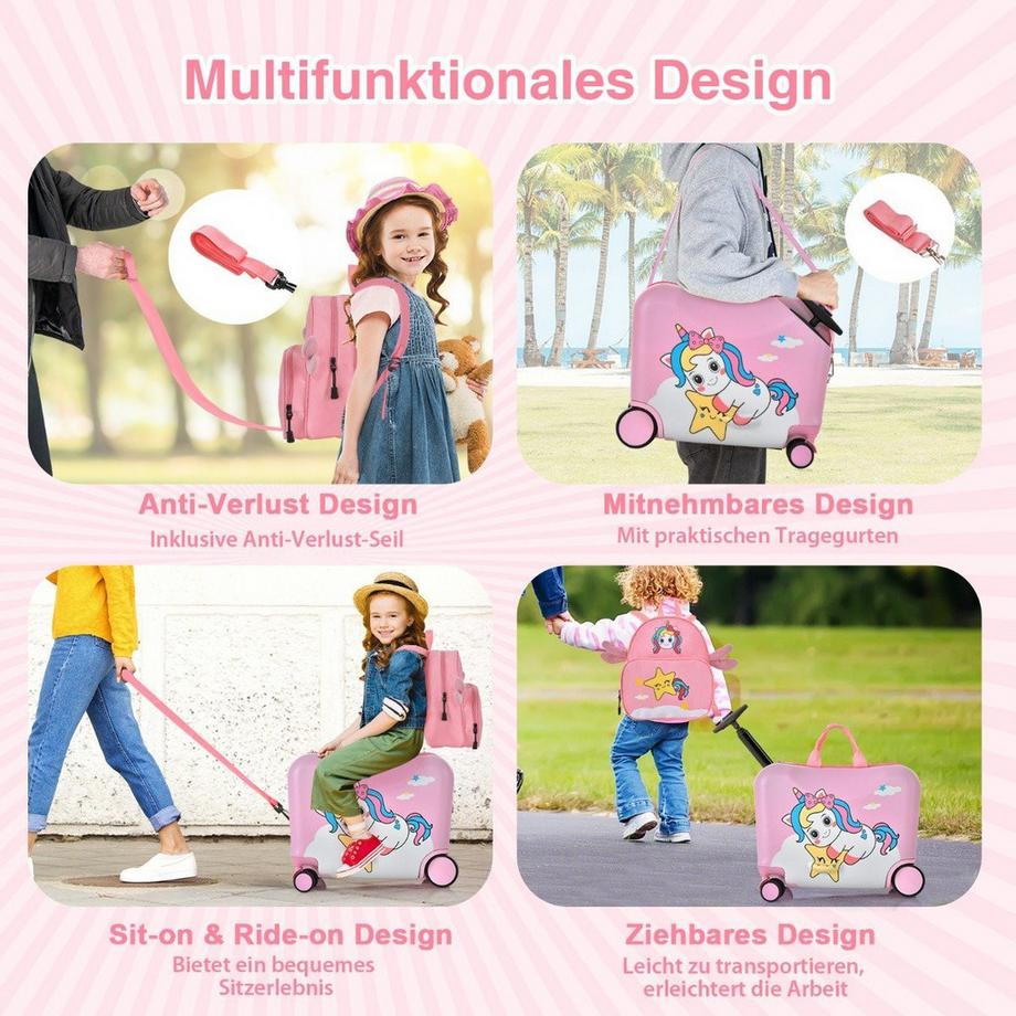 Northix  2tlg Kinderkoffer + Rucksack 47 cm Langer Aufsitzkoffer und 30 cm Breiter Rucksack Rosa Einhorn 