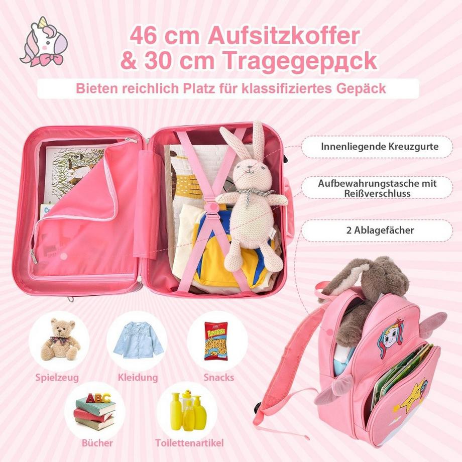 Northix  2tlg Kinderkoffer + Rucksack 47 cm Langer Aufsitzkoffer und 30 cm Breiter Rucksack Rosa Einhorn 