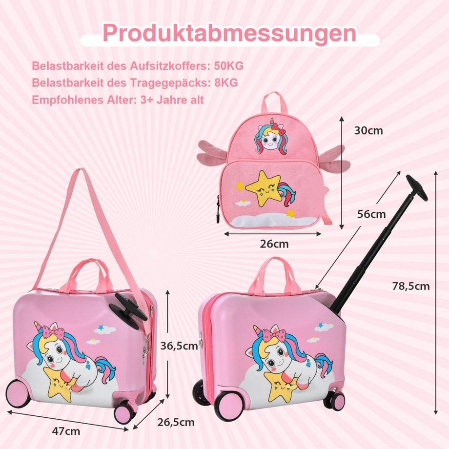 Northix  2tlg Kinderkoffer + Rucksack 47 cm Langer Aufsitzkoffer und 30 cm Breiter Rucksack Rosa Einhorn 