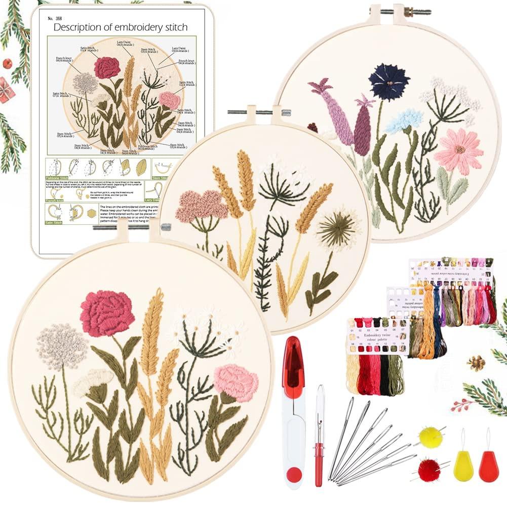 Activity-board  Anfänger Stickerei Kit Stickerei Kit, floral Design Pflanzen Kreuzstich Kit Starter Tools Kit mit 3 Stück Kunststoff-Stickrahmen, für DIY Kunst, Handwerk 