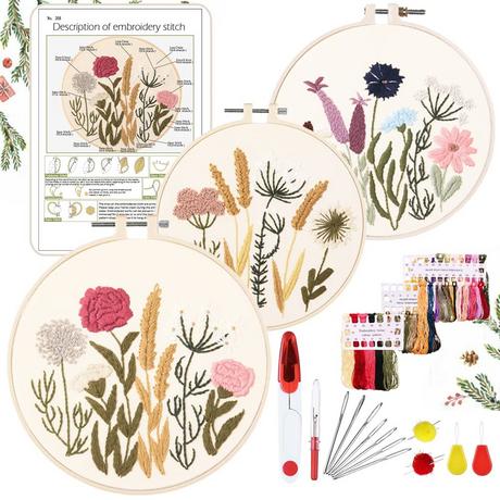 Activity-board  Anfänger Stickerei Kit Stickerei Kit, floral Design Pflanzen Kreuzstich Kit Starter Tools Kit mit 3 Stück Kunststoff-Stickrahmen, für DIY Kunst, Handwerk 