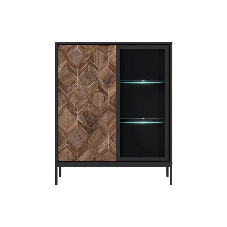 Vente-unique Vitrine 2 portes avec LEDs - Noir et Naturel foncé - MIALINE  