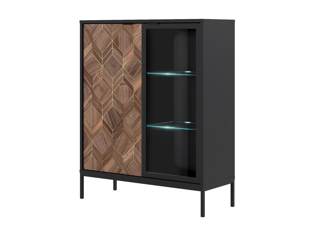 Vente-unique Vitrinenschrank mit 2 Türen - mit LED-Beleuchtung - Schwarz & Holzfarben dunkel - MIALINE  