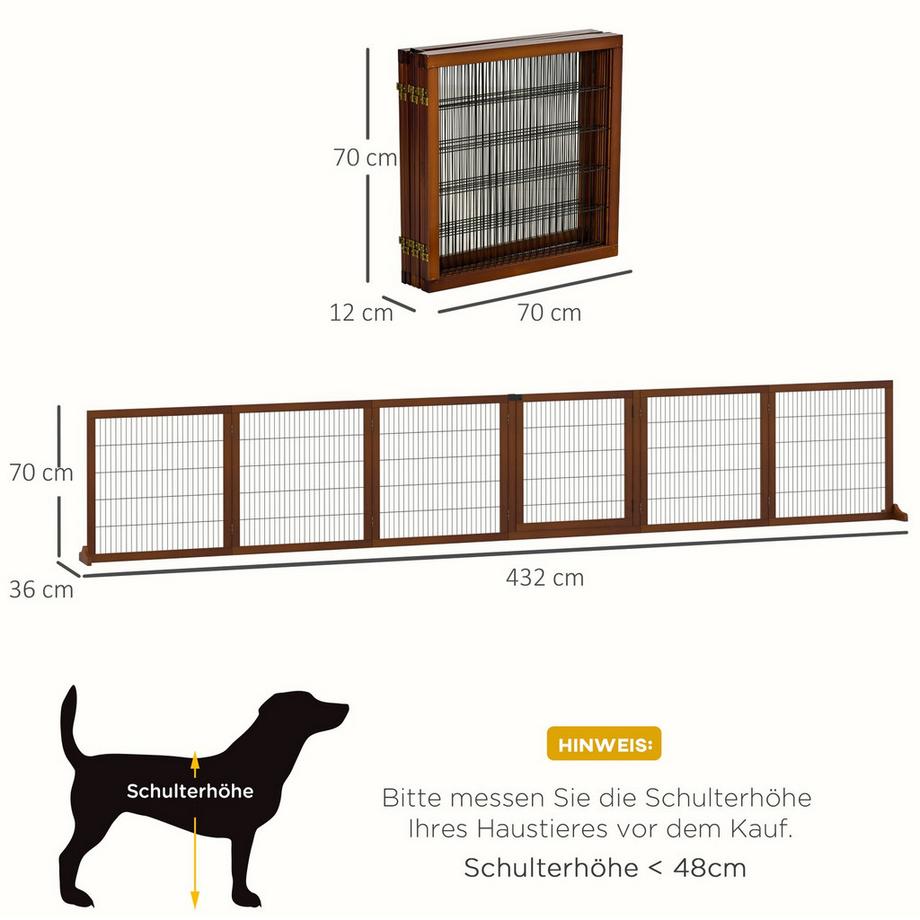 Northio  Absperrgitter Hund 6-teilig, 432 x 70 cm Faltbar Türschutzgitter mit 2 Stützfüßen, Freistehend Hundegitter, Treppengitter für mittelgroße Hunde, für Flur, Treppe, Kaffee 
