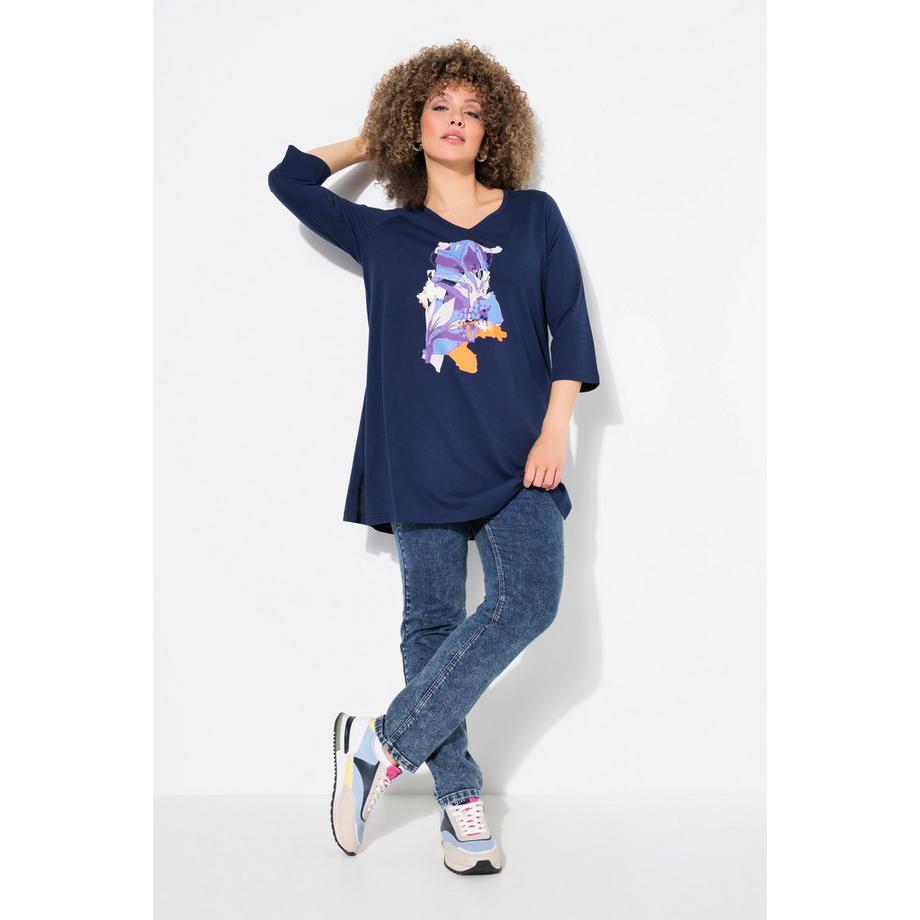 Ulla Popken Blüten A-Linie Longshirt V-Ausschnitt 3/4-Arm  