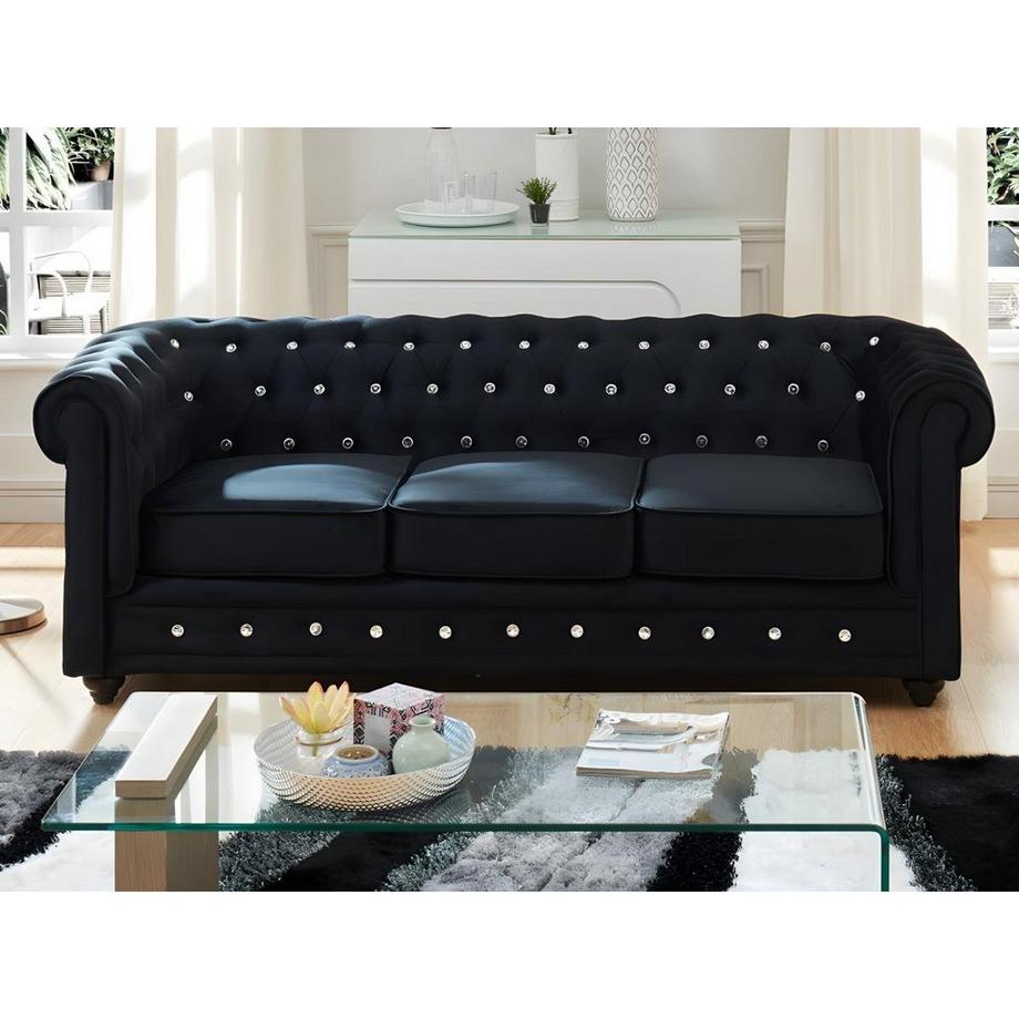 Vente-unique Canapés 3 places, 2 places et fauteuil en velours noir et boutons effet cristal CHESTERFIELD  