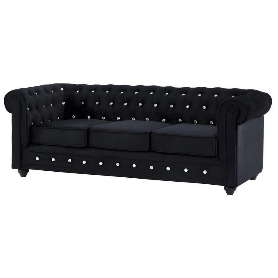 Vente-unique Canapés 3 places, 2 places et fauteuil en velours noir et boutons effet cristal CHESTERFIELD  
