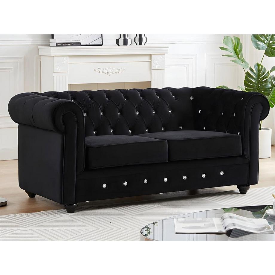 Vente-unique Canapés 3 places, 2 places et fauteuil en velours noir et boutons effet cristal CHESTERFIELD  