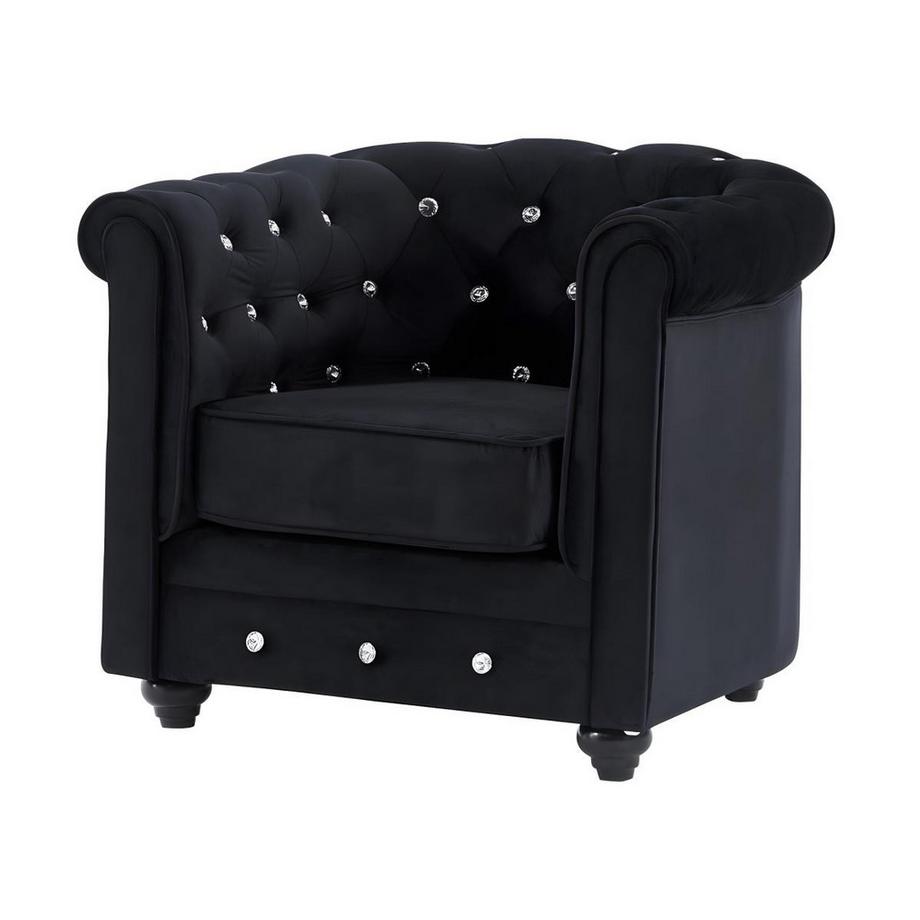 Vente-unique Canapés 3 places, 2 places et fauteuil en velours noir et boutons effet cristal CHESTERFIELD  