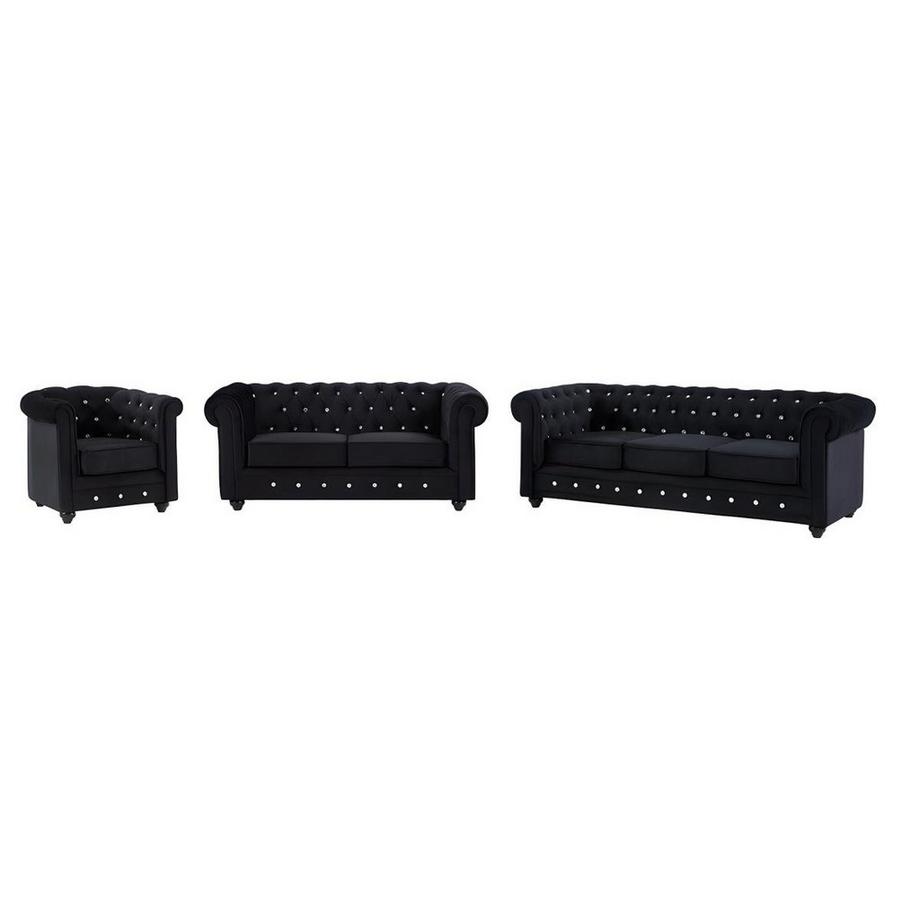Canapés 3 places, 2 places et fauteuil en velours noir et boutons effet cristal CHESTERFIELD