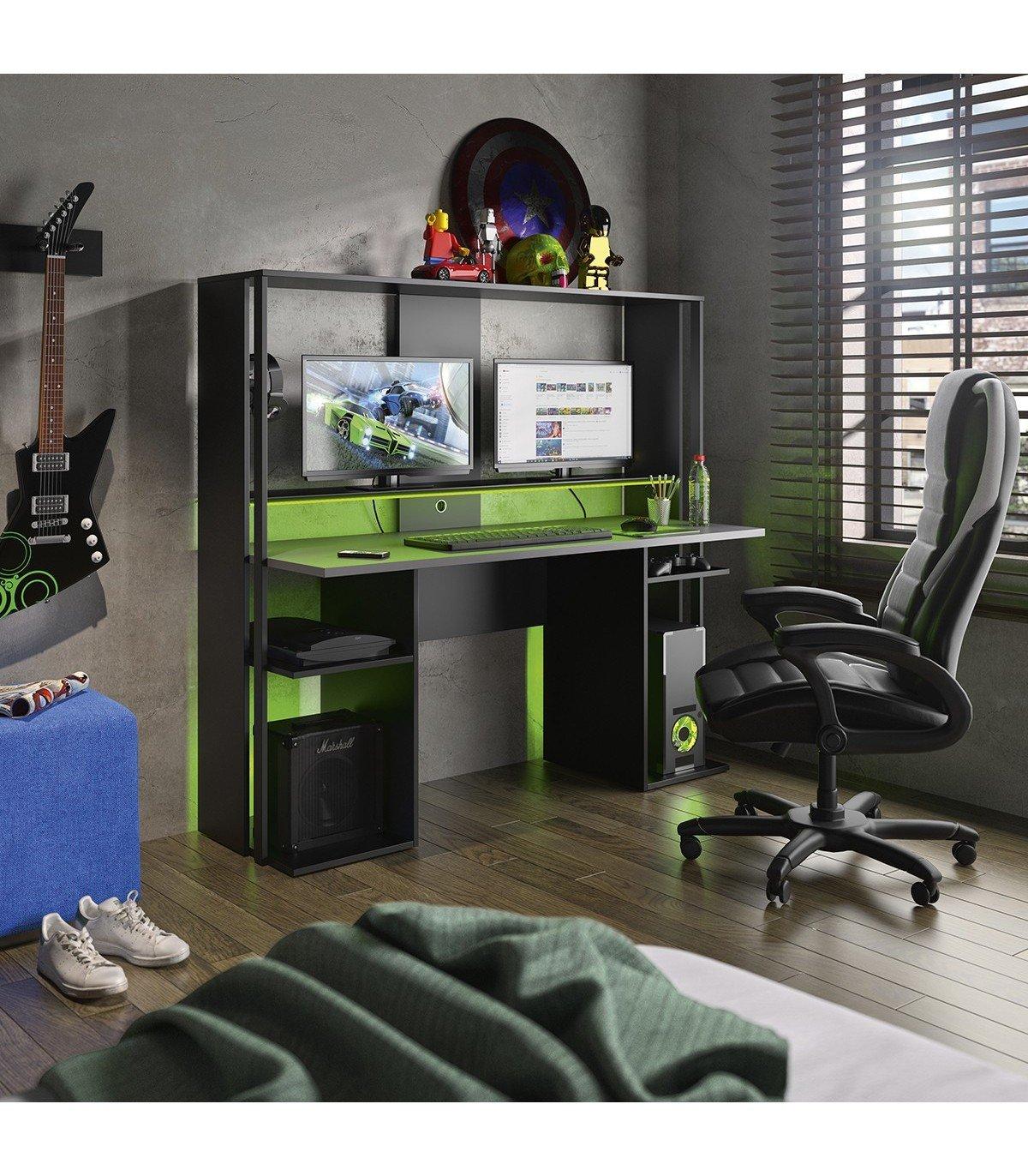 Vente-unique Bureau gamer STANDA Avec rangements LEDs  