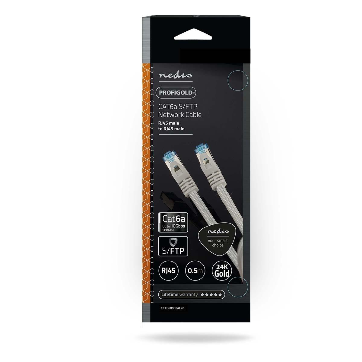 Nedis  Câble réseau CAT6a | S/FTP | RJ45 mâle | RJ45 mâle | 0.50 m | Snagless | Rond | Tressé / PVC | Argent | Boîte avec fenêtre couverte 