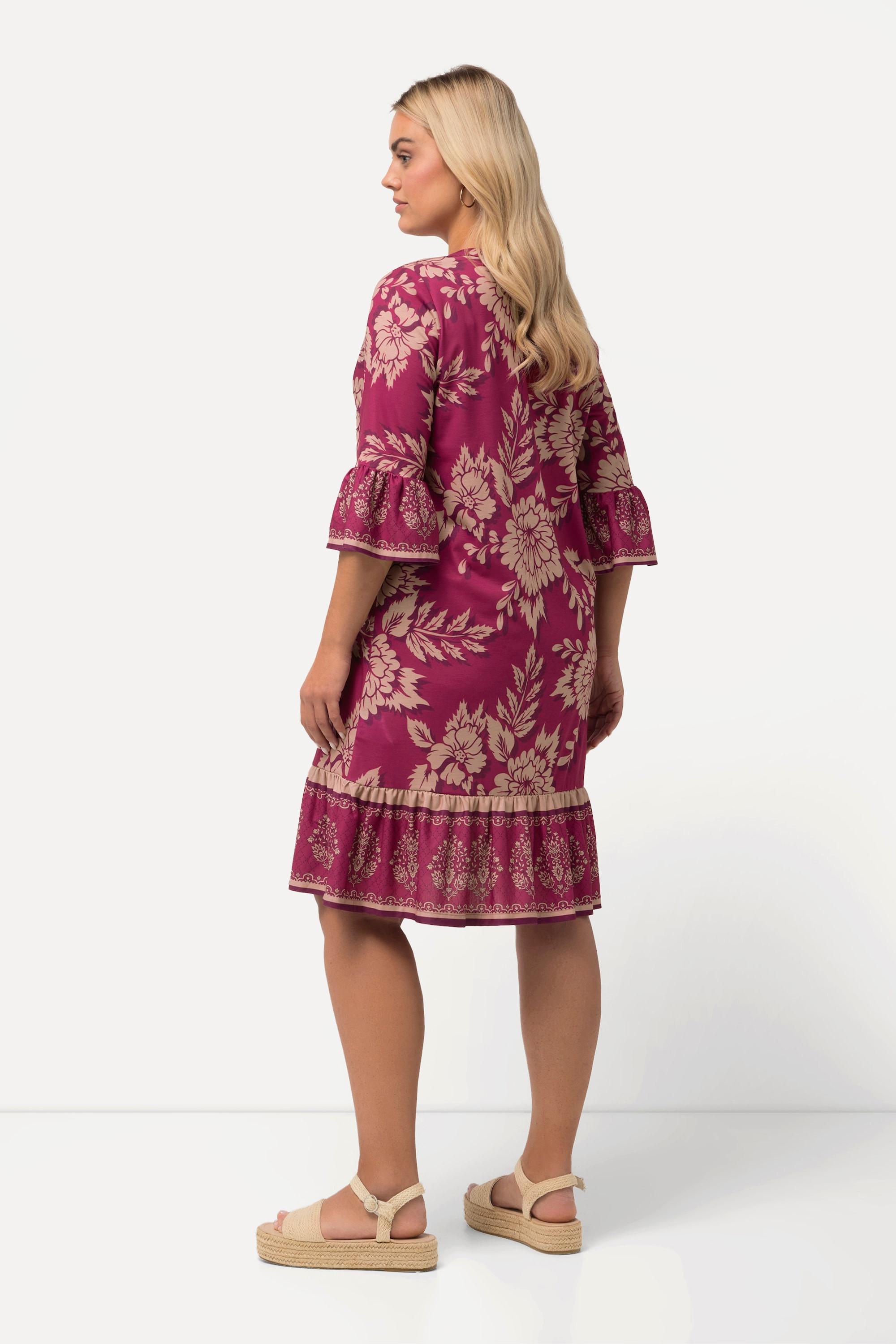 Ulla Popken  Robe mini coupe trapèze, décolleté en V et manches 3/4, motif floral 