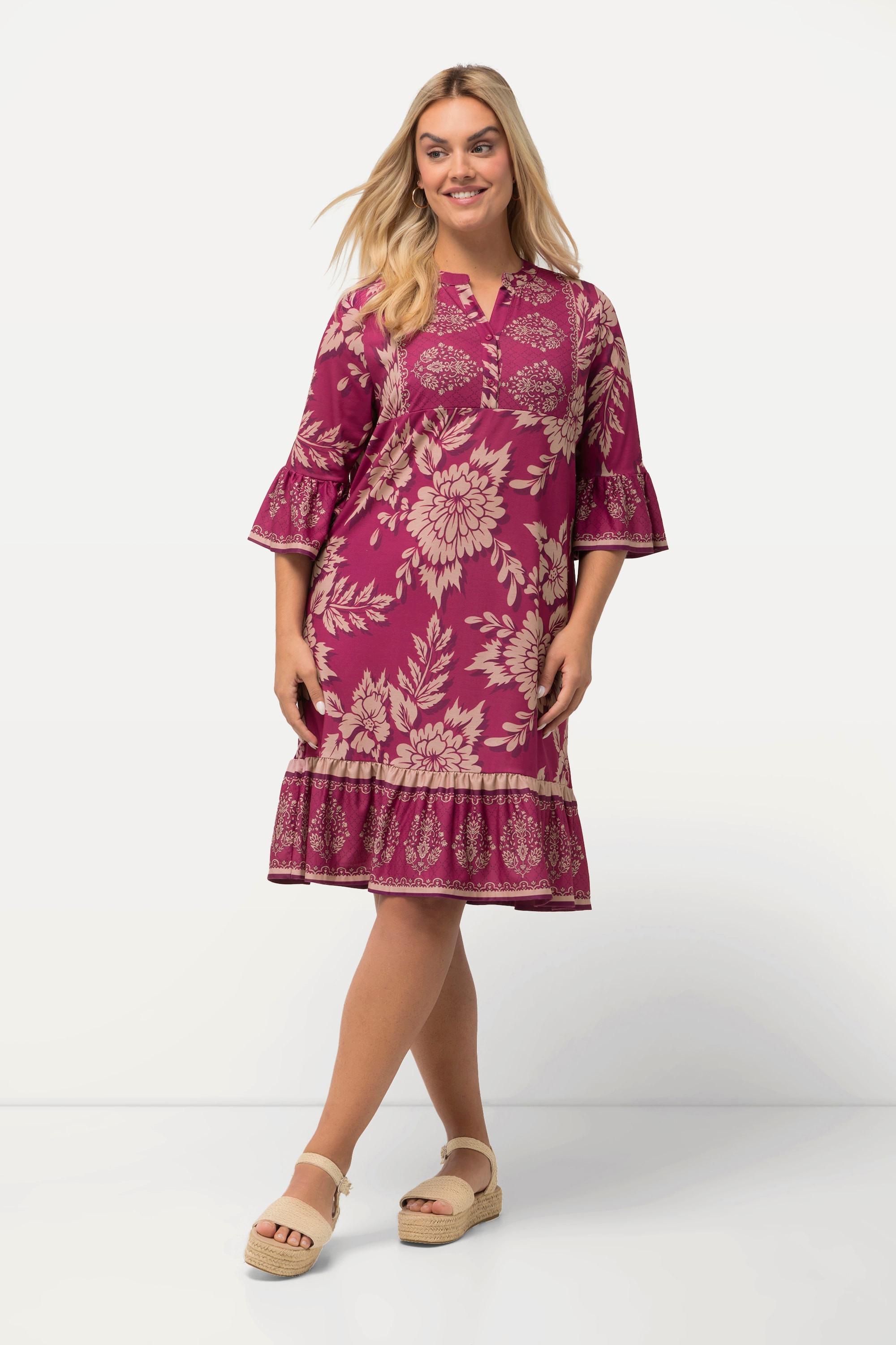 Ulla Popken  Robe mini coupe trapèze, décolleté en V et manches 3/4, motif floral 