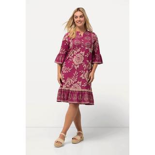 Ulla Popken  Robe mini coupe trapèze, décolleté en V et manches 3/4, motif floral 