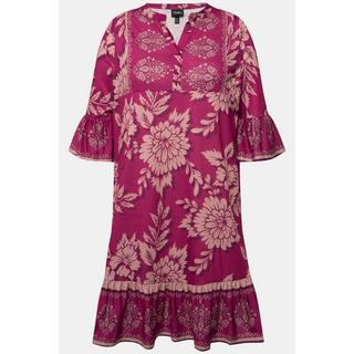 Ulla Popken  Robe mini coupe trapèze, décolleté en V et manches 3/4, motif floral 