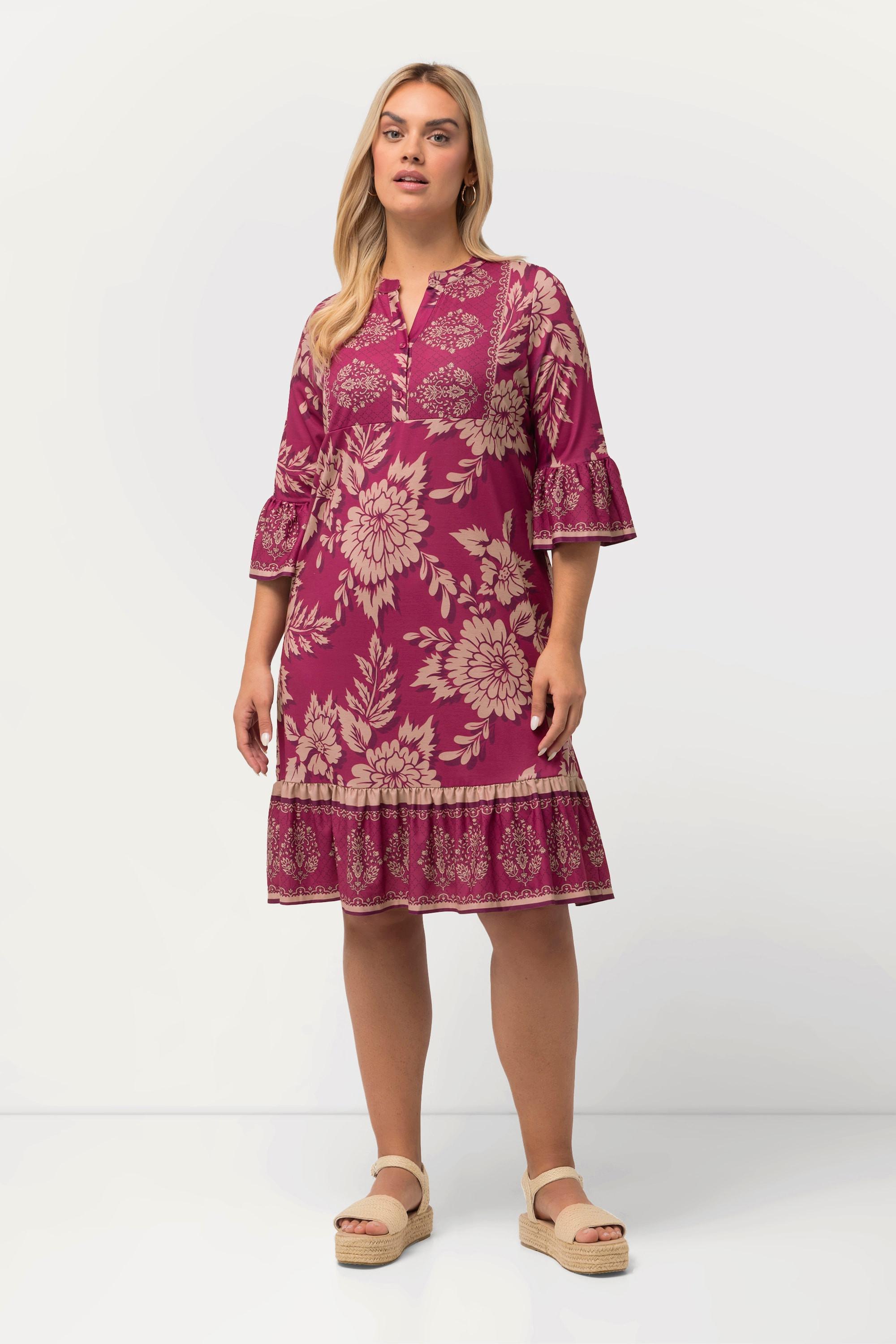 Ulla Popken  Robe mini coupe trapèze, décolleté en V et manches 3/4, motif floral 