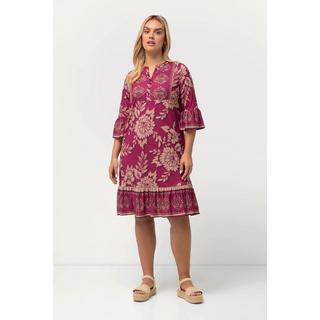 Ulla Popken  Robe mini coupe trapèze, décolleté en V et manches 3/4, motif floral 