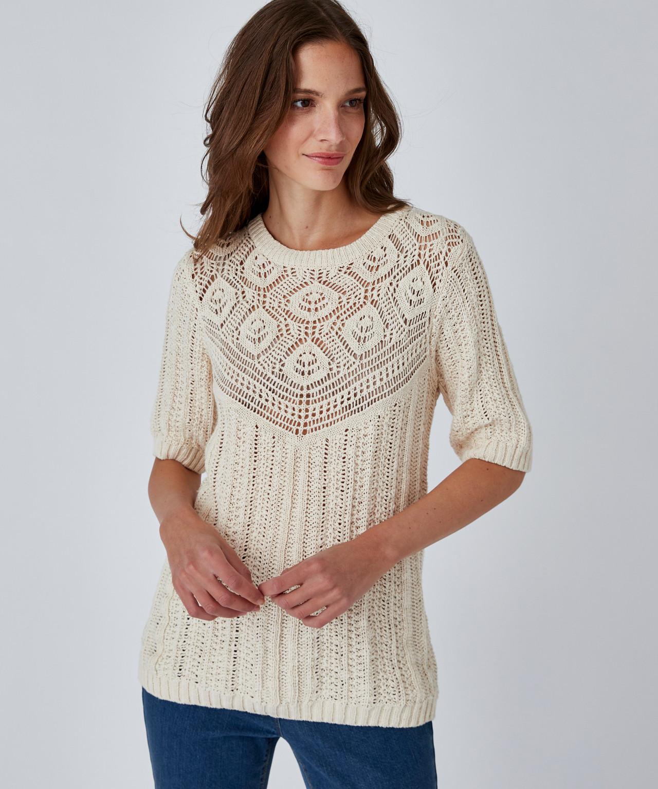 Damart  Pull effet crochet fil ruban effet crochet, plastron fantaisie féminin, col rond. 