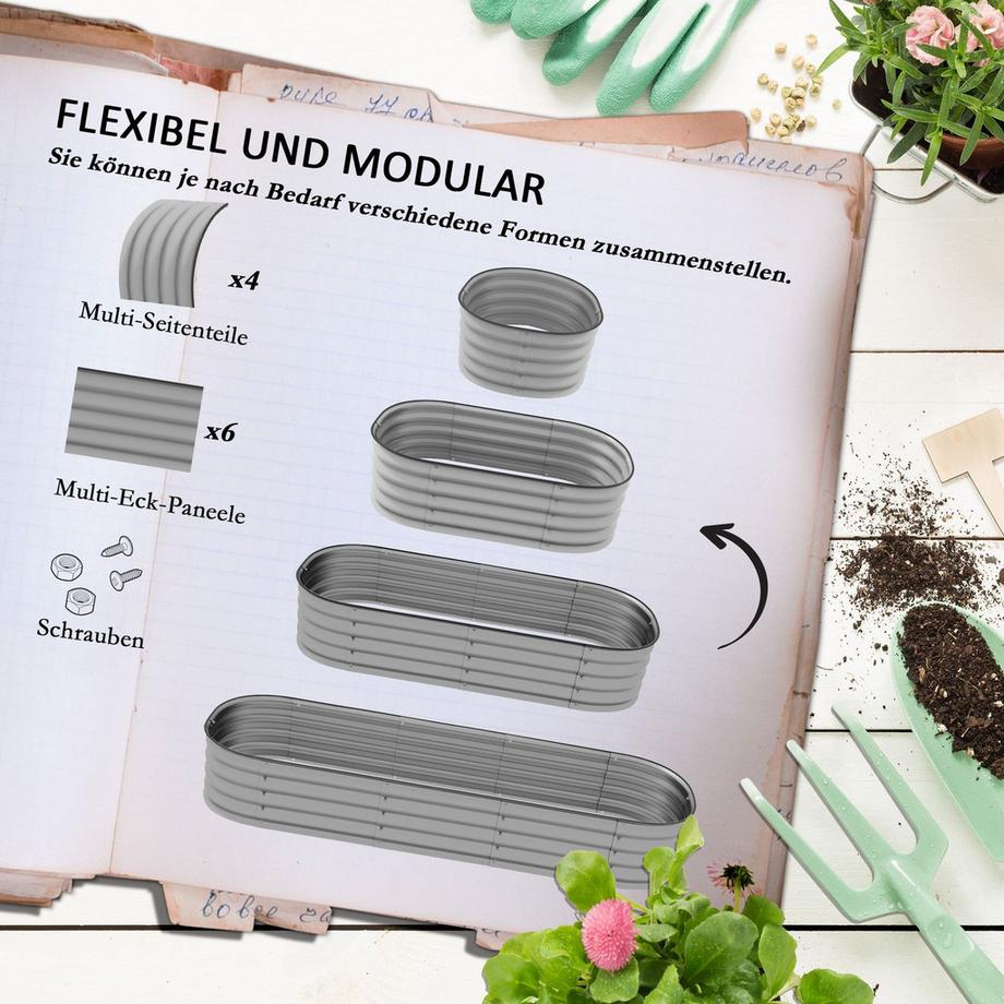 Northio  Hochbeet Metall Pflanzkasten 150 x 62 x 30 cm Gemüsebeet DIY Blumenkasten mit offenem Boden für Garten Balkon Kräuterbeet Silber 