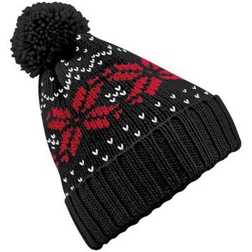 Strickmütze mit Bommel, SchneeflockenMuster