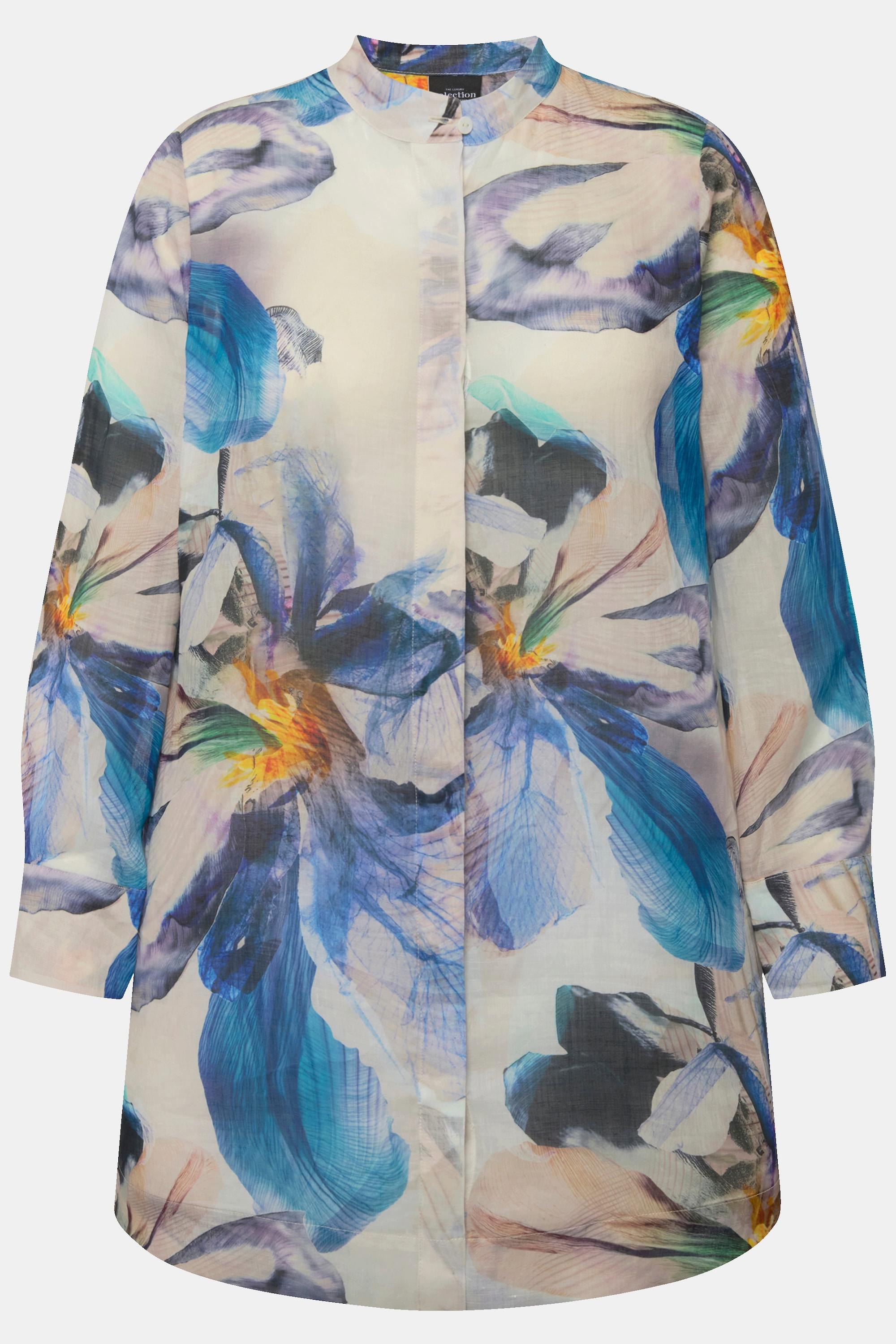 Ulla Popken  Blouse en ramie à fleurs, col montant et manches longues 