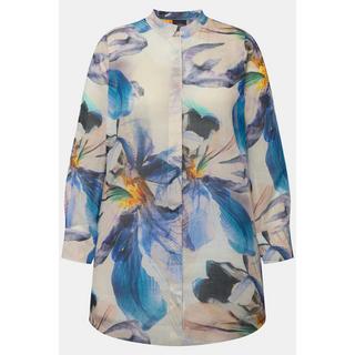 Ulla Popken  Blusa in ramiè con fiori, collo alla coreana e maniche lunghe 