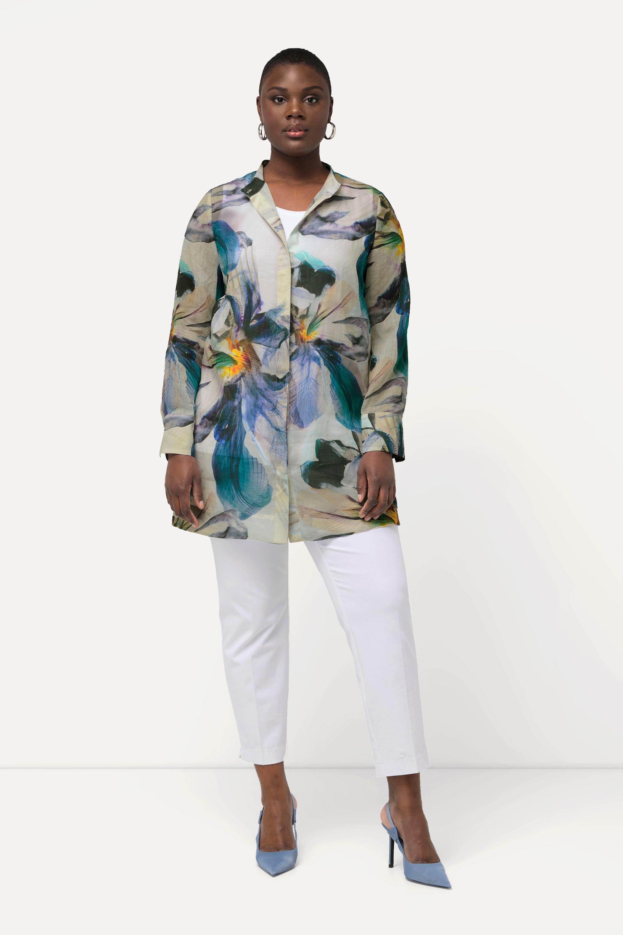 Ulla Popken  Blouse en ramie à fleurs, col montant et manches longues 