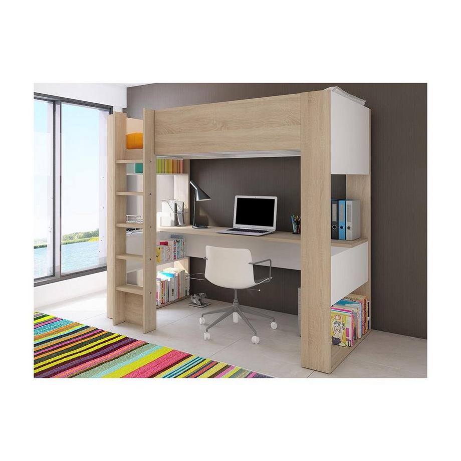Vente-unique Letto a soppalco con scrivania e vani portaoggetti integrati 90 x 200 cm Rovere e Bianco + Materasso - NOAH II  