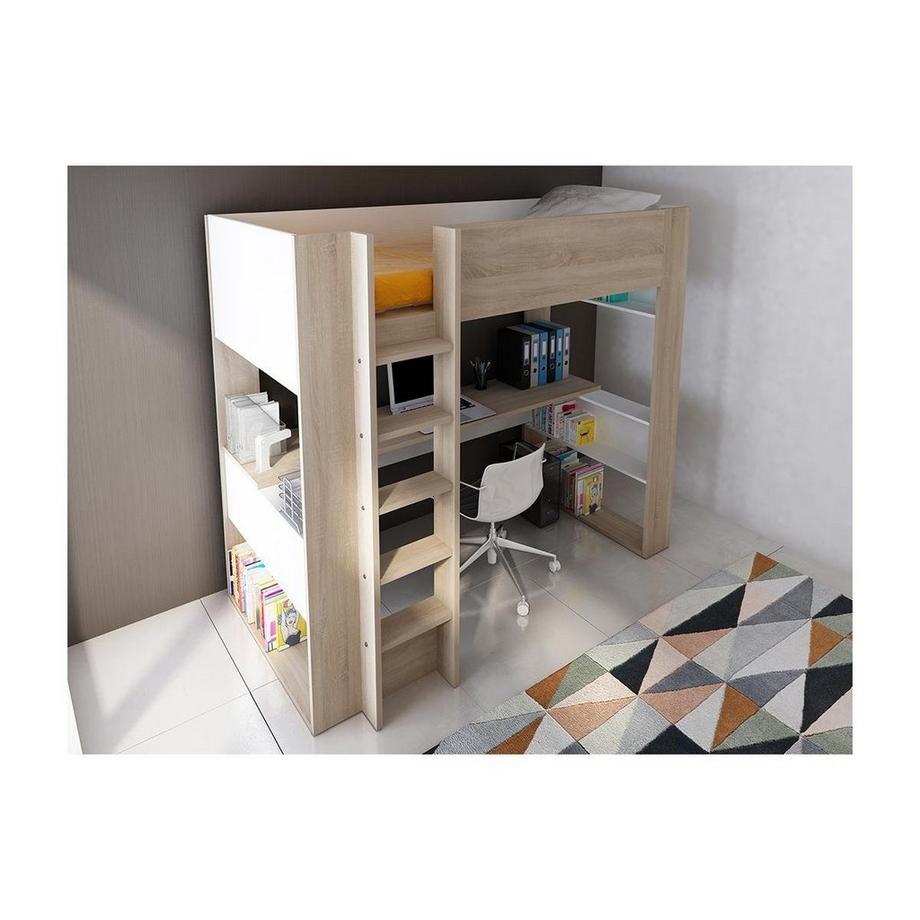 Vente-unique Letto a soppalco con scrivania e vani portaoggetti integrati 90 x 200 cm Rovere e Bianco + Materasso - NOAH II  
