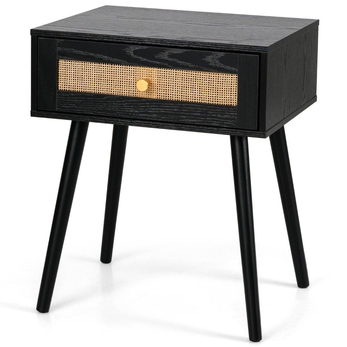 Northix Comodino in rattan con cassetto e gambe in legno massello 48 x 40 x 58 cm Nero  
