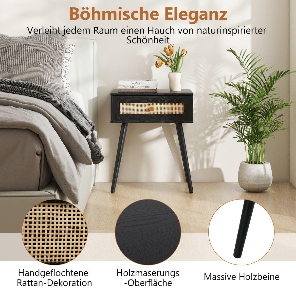 Northix Comodino in rattan con cassetto e gambe in legno massello 48 x 40 x 58 cm Nero  