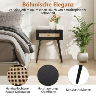 Northix Comodino in rattan con cassetto e gambe in legno massello 48 x 40 x 58 cm Nero  