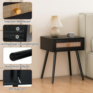Northix Comodino in rattan con cassetto e gambe in legno massello 48 x 40 x 58 cm Nero  