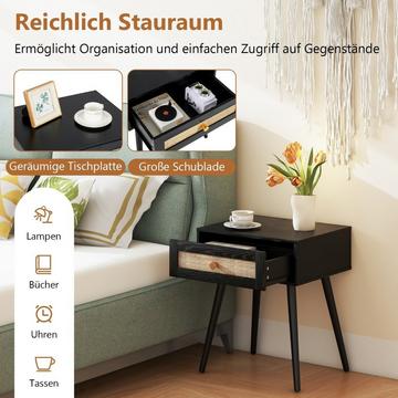 Comodino in rattan con cassetto e gambe in legno massello 48 x 40 x 58 cm Nero